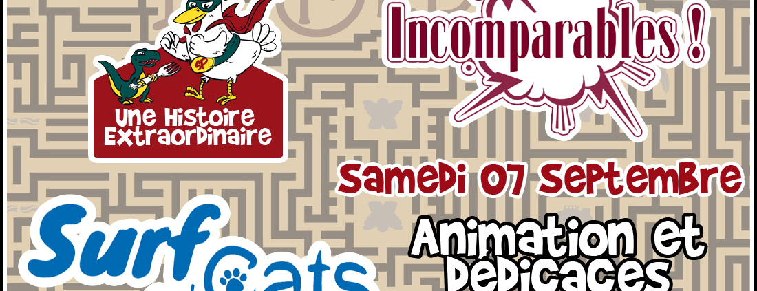 Animation et dédicaces pour les jeux Une Histoire Extraordinaire, Surf and Cats et Incomparables à la boutique le Dédale (44)